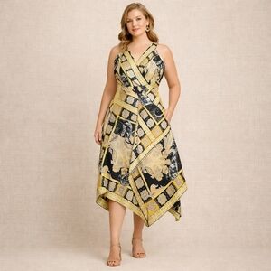 Dressbarn Woman 22W Baroque Scarf Print Dress Flowy Draped Faux Silk Plus Size